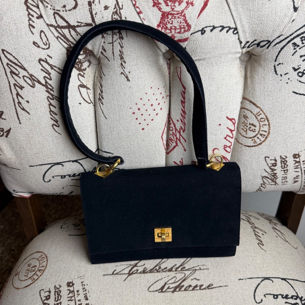 Vintage Koret Black Koretelope Kid Suede Handbag with Coin Purse Gold Hardware